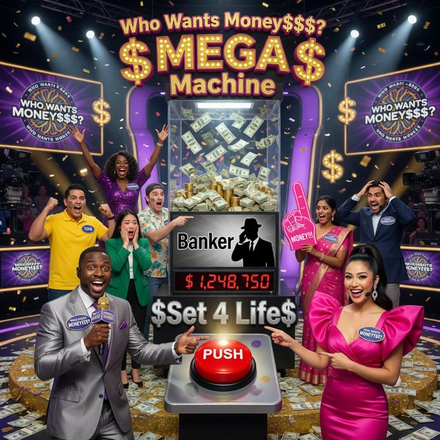 People on the set of a super mega game show called "Who Wants Money$$$?". There are at least six adults (three men and three women), all of different races, looking really excited. There is a big machine with a lot of cash inside. At the top of the machine it says "Who Wants Money$$$? MEGA Machine". In the middle of the machine it says "Banker", with the shadow of a man near the name. At the bottom of the machine it says "$Set 4 Life$", with a red button in the middle of the words. Near the machine are game hosts on both sides of it: a handsome man and a pretty woman. — Grok Imagine Image Quality