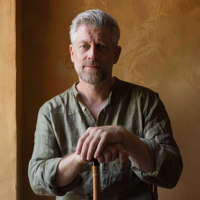 Portrait photograph of an adult man in his 40s with silver-streaked hair, wearing a textured olive linen shirt and rolled sleeves, hands resting on a wooden cane, relaxed expression, ochre plaster backdrop, soft window light from the side. — Kling v3