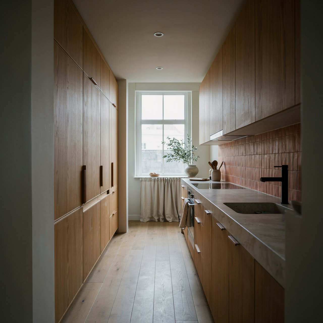 Along a galley kitchen, flat-front walnut cabinets meet pale limestone counters and a matte terracotta backsplash in restrained Scandinavian modern style; soft north-window daylight reveals the worktop from the doorway, with clean aligned lines and believable supports. — Ideogram v4