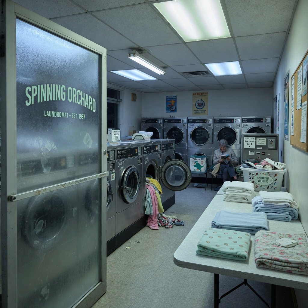 Inside a quiet neighborhood laundromat, chrome machines and folded linen glow beneath cool ceiling lights; "SPINNING ORCHARD" is printed in pale mint letters on the frosted glass entry door. — Grok Imagine Image Quality