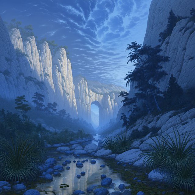 A limestone karst valley at blue hour after a light shower, towering pale cliffs rising above a clear river, low clouds snagging on pinnacles, slick ferns and rounded pebbles leading toward a distant stone arch. — Midjourney Niji 7