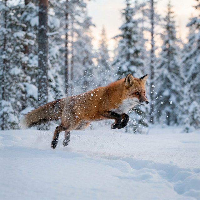A red fox springs through powdery snow at the edge of a pine forest, ears forward and paws suspended. A real-world wildlife telephoto photograph in pale dawn light, 300mm lens, with snow crystals frozen midair. — Model 16