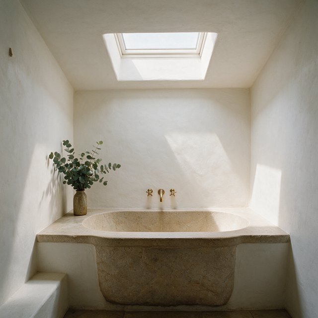 A spa bathroom with a stone tub, a skylight, plaster walls in warm white, eucalyptus in a vase, soft shadows. — Seedream 5.0 Pro