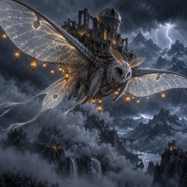 A colossal moon-moth creature glides above a stormy mountain range, its translucent wings glowing with silver veins and carrying a ruined observatory on its back. Lightning silhouettes distant peaks while amber lanterns shimmer through rain and cloud. — GPT Image 2.5 Sunburst