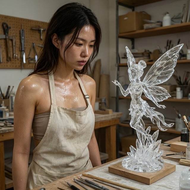 A pulchritudinous, gorgeous, exotic East Asian beauty, aged 24, inside an atelier, wearing a loose workshop apron, a tube top, and hot pants. Sweating profusely, she remains concentrated. She has a focused posture and expression as she looks at the crystalline object in the foreground that she is sculpting into a small, detailed fairy with high precision and clarity. Three-quarter-body mid-shot, Dutch angle. — Model 15