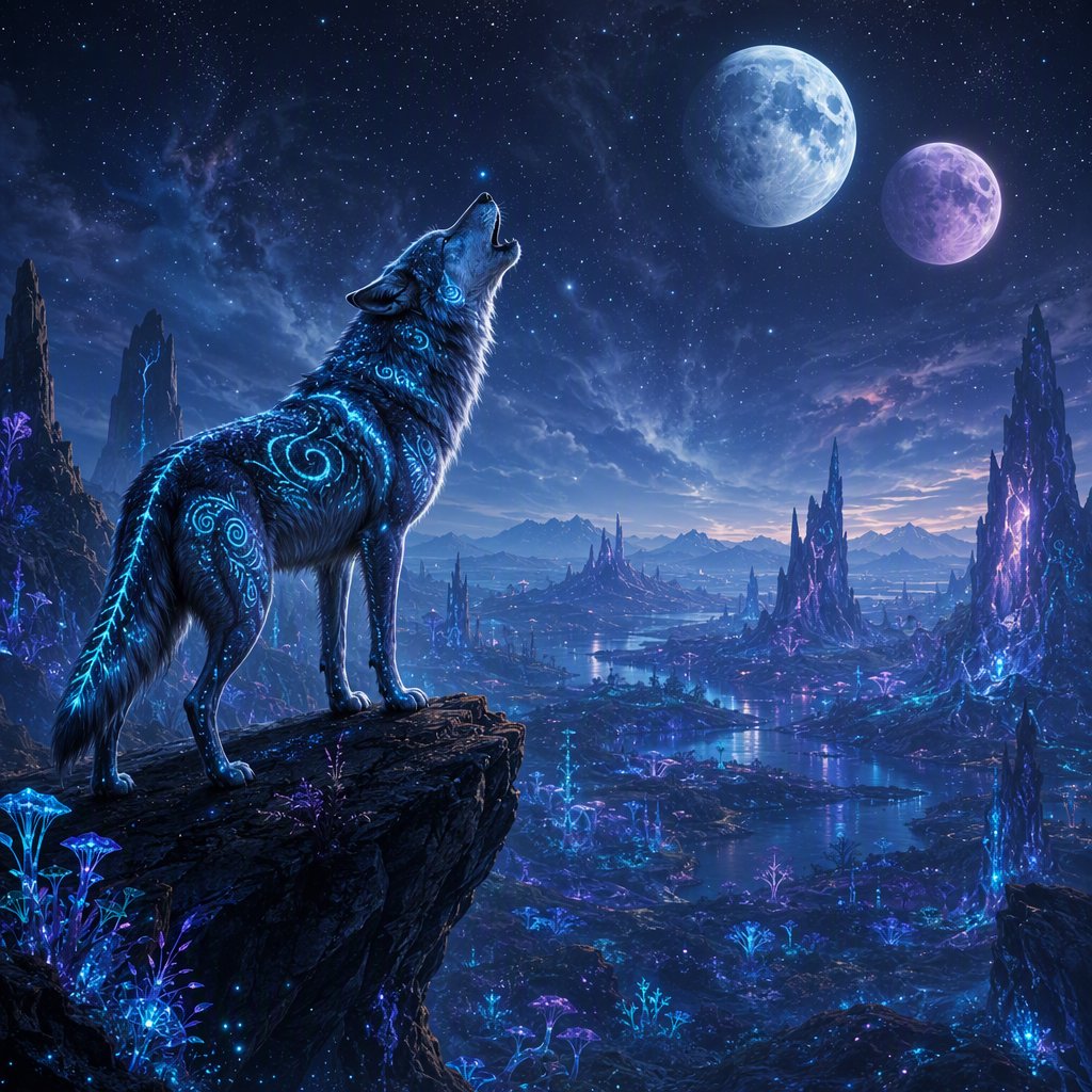 A solitary wolf, its fur subtly infused with shimmering, bio-luminescent patterns, howling at a sky filled with twin moons. The wolf stands on a cliff overlooking a vast, alien landscape dotted with strange, glowing rock formations and spectral, phosphorescent vegetation. — GPT Image 2