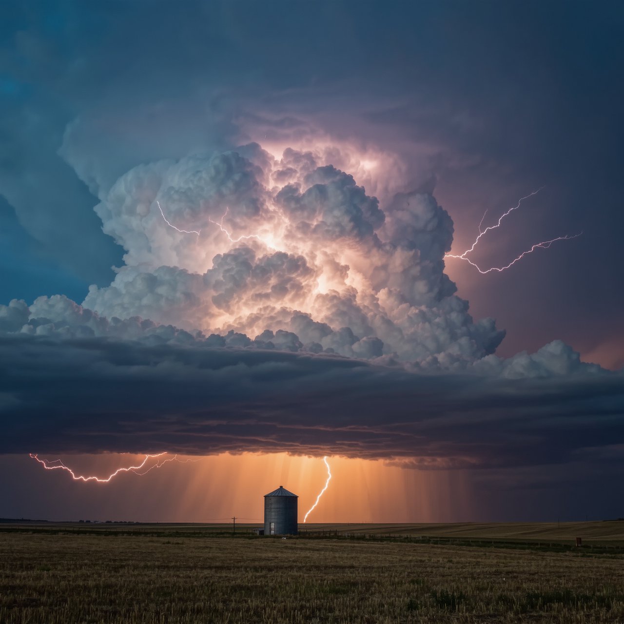 A supercell thunderstorm over flat farmland, lightning inside the cloud, a lone grain silo, dramatic but realistic. — Kling v3 Omni