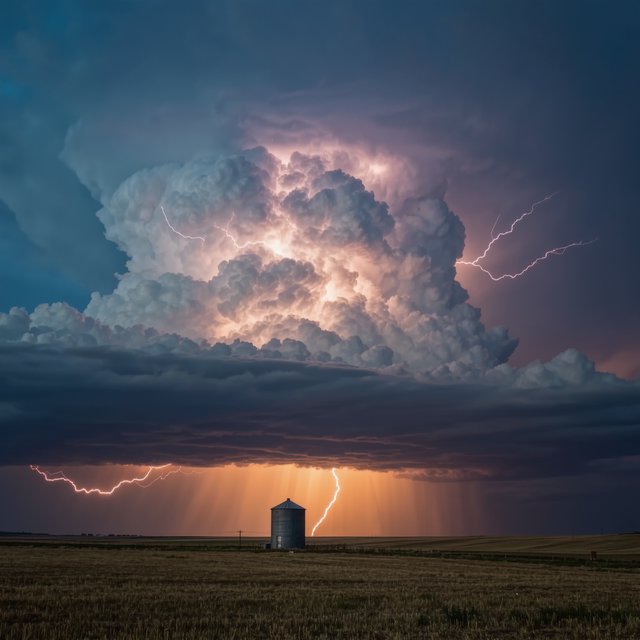 A supercell thunderstorm over flat farmland, lightning inside the cloud, a lone grain silo, dramatic but realistic. — Kling v3 Omni