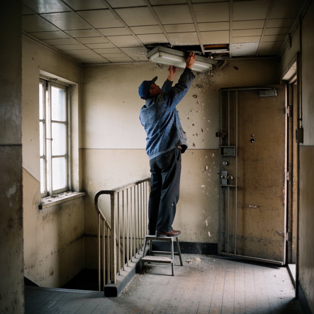 Candid documentary photograph of an adult building caretaker changing a ceiling light in a quiet apartment stairwell, pale afternoon window light, 35mm lens with moderate depth of field, plaster dust drifting from the fixture. — Krea 2 Medium
