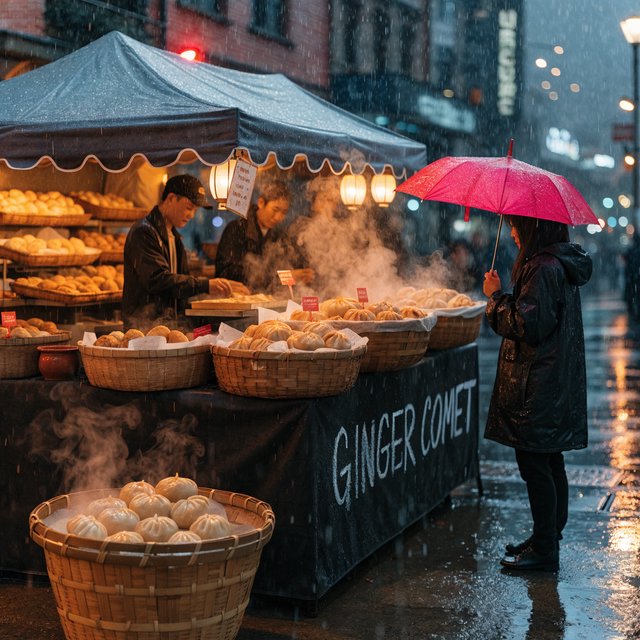 Steam curls above baskets of dumplings at a lively night-market stall, lantern light warming its canvas canopy; "GINGER COMET" is chalked in bold white letters on a blackboard beside the serving counter. — Recraft v4 Pro