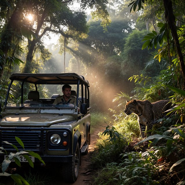 An adult on a jungle safari in his car, with a leopard lurking behind him in the bushes — ImagineArt 1.5 Pro