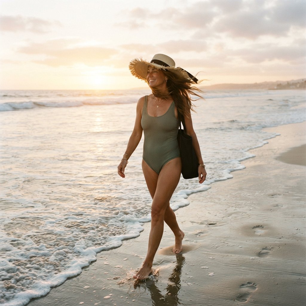 Editorial beach photo of an adult woman in a one-piece swimsuit and a wide straw hat walking along the waterline at sunset, wind in her hair. — Nano Banana 2 Lite