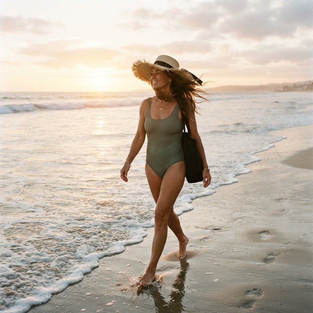 Editorial beach photo of an adult woman in a one-piece swimsuit and a wide straw hat walking along the waterline at sunset, wind in her hair. — Nano Banana 2 Lite