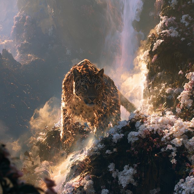 A majestic leopard, its fur detailed in intricate glowing fiber optics, emerges from a dreamlike, mist-shrouded floral mountain landscape with a waterfall in the background. The scene is bathed in ethereal light, evoking a sense of awe and wonder. — Midjourney V8.2