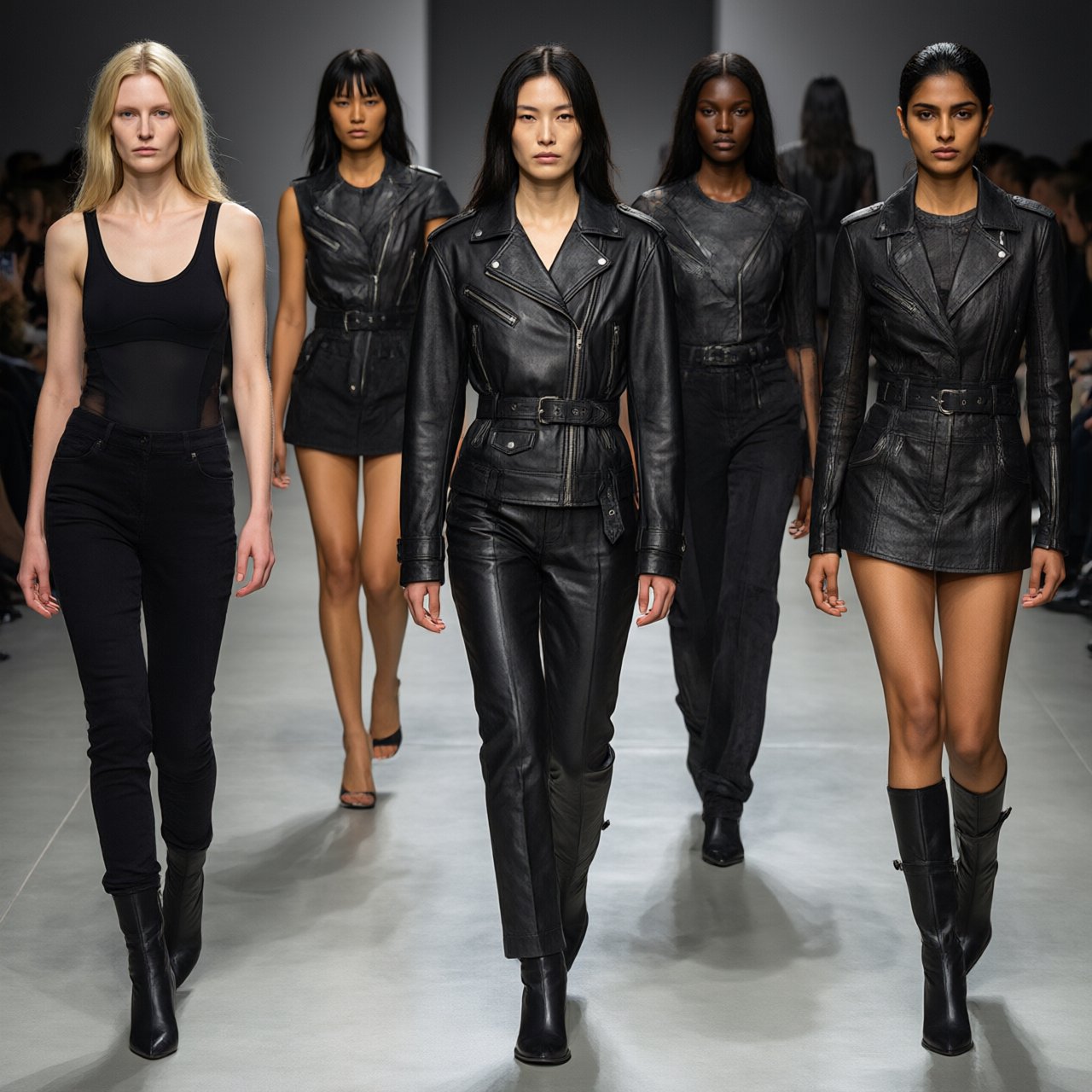 Adult female fashion models on the runway. There are models of all races: white, Black, Asian, Mexican, Indian, mixed race, etc. The vibe is cool and fierce. Many angles. — Qwen Image 3.0