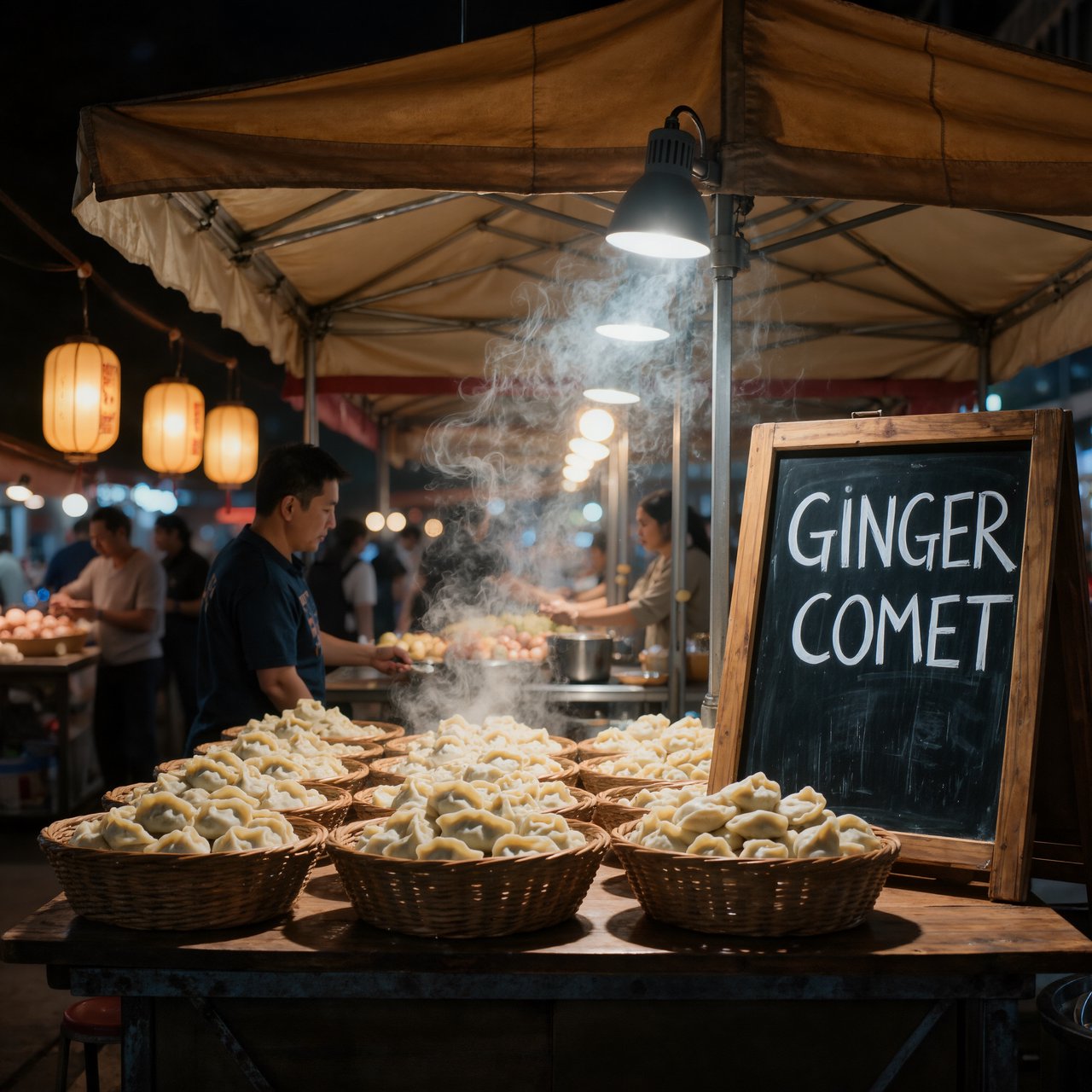 Steam curls above baskets of dumplings at a lively night-market stall, lantern light warming its canvas canopy; "GINGER COMET" is chalked in bold white letters on a blackboard beside the serving counter. — Kling v3 Omni