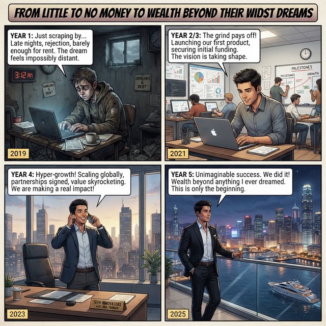 Realistic comic. At least 4 panels. It showcases 5 years of someone's life, from the first year, when they struggled to make money, to the fifth year, when they are worth millions to billions of dollars. Make sure money is seen at least once in the image. At the top, it says "From Little to no money to wealth beyond their wildest dreams". — Nano Banana 2 Lite
