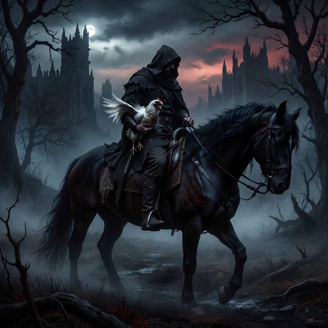 A man riding a horse, holding a screaming chicken, in dark gothic fantasy. — Model 7