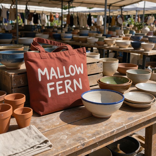 Sunlight pools over a pottery market table, where a rust-red canvas tote rests beside glazed bowls; "MALLOW FERN" is hand-painted in chunky white letters on its front, with no other legible writing. — Model 1