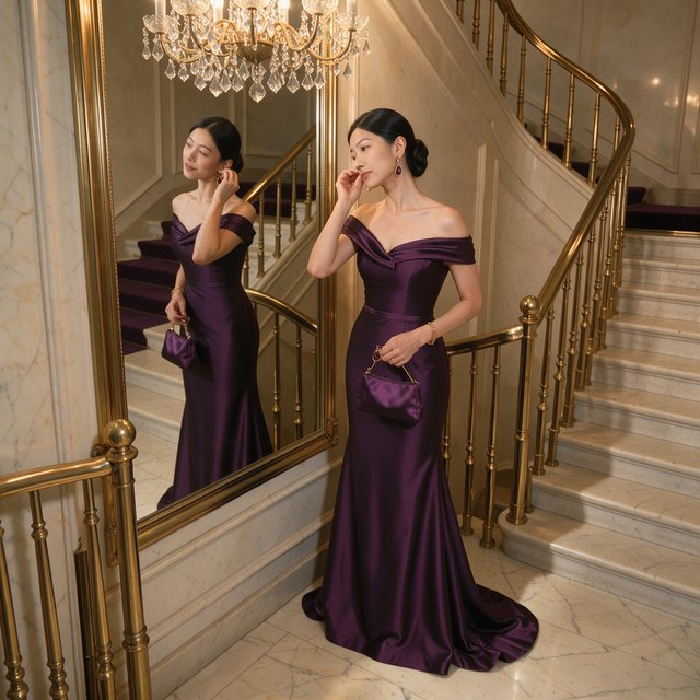 At the landing of a marble staircase, an adult woman in a plum evening gown pauses to fasten an earring, caught in warm chandelier light; polished brass rails and soft shadows lend the scene the poise of a fashion magazine. — FLUX 3 Image
