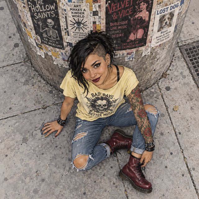 Realistic India ink illustration with crisp black lines, realistic anatomy and proportions, and watercolor fills; black ink outlines remain visible. Full-length, overhead view. A Latina woman sits on the pavement with her back against an enormous, thick round downtown pillar covered in posters for bands, art shows, burlesque, and a lost dog. One hand rests on the pavement, the other on an ankle. She tilts her head back, looking up at the viewer with a confident smile. Character: 25-year-old woman, medium-brown skin, slim build, edgy punk/goth appearance. Black asymmetrical undercut, right side shaved, longer top brushed across forehead, short messy ponytail. Sharp features, arched brows, brown almond-shaped eyes, heavy eyeliner, dark burgundy lipstick, six ear piercings. Each fingernail a different color. Loose pale-yellow graphic T-shirt, ripped blue jeans, dark red combat boots. Full left-arm sleeve tattoo of vines, leaves, and red roses. Thick black leather bracelets on both wrists. — GPT Image 2.5 Sunburst