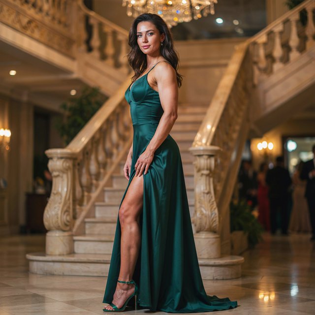 A 28-year-old, 6-foot-tall woman with wavy brunette hair falling just past her shoulders, olive skin, an oval face with soft angular cheekbones, and striking deep green eyes. She has a hyper-muscular, athletic physique built from intense heavy weightlifting and CrossFit — broad shoulders, defined arms, a strong back, and visible core and bulging leg muscle definition — giving her a powerful, statuesque build. Her expression is confident and composed. She stands on a grand staircase at an evening gala, wearing a floor-length emerald-green evening gown with a fitted bodice and flowing skirt, paired with strappy high-heeled sandals. Warm golden ambient lighting from chandeliers, soft bokeh in the background, glamorous high-fashion editorial photography style, fabric drape and skin texture. — Ideogram v4.5