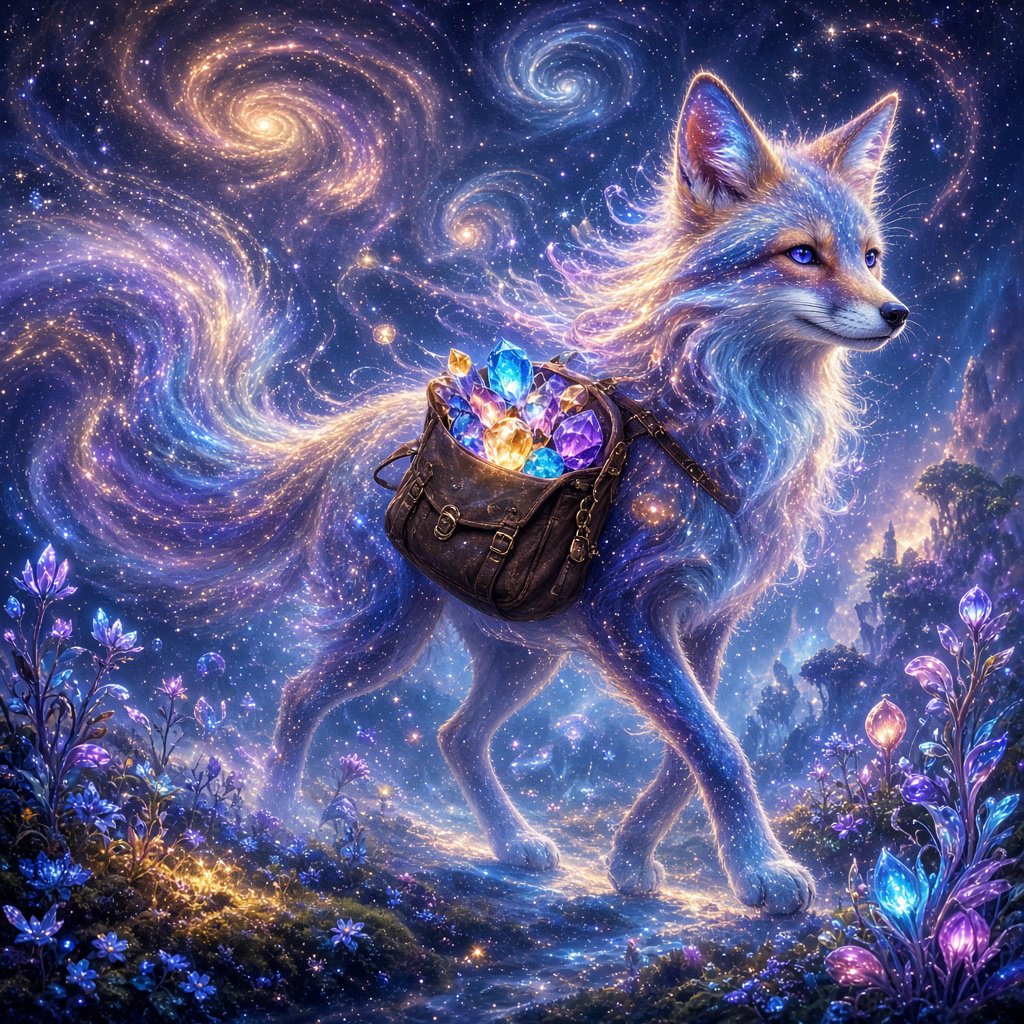 A celestial fox made of stardust and nebulae, carrying a satchel overflowing with glowing cosmic jewels, journeys through an ethereal dreamscape. Swirling galaxies and bioluminescent flora fill the background. The scene is rendered in a surreal, photorealistic style, emphasizing intricate details and a sense of infinite wonder. — Grok Imagine Image 2