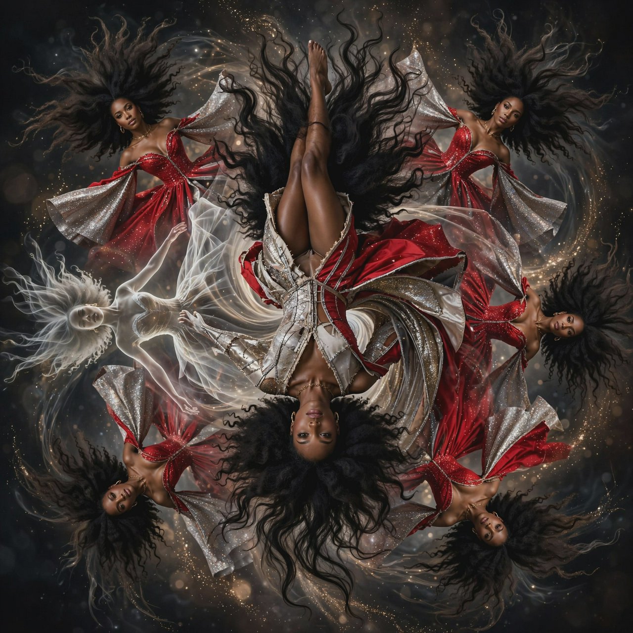 Image of a pop-dance African-American diva. The woman hangs completely inverted in mid-air, head pointing toward the floor and legs toward the ceiling. Her huge hair falls and spreads dramatically in the opposite direction, while her expression remains cool and composed. Her red gown is turned inside out, exposing its sparkling lining, seams, and construction. To push the surrealism further, a second, reversed version of her silhouette appears to peel outward from her original form, like a three-dimensional reflection escaping its owner. Multiple copies of the woman circle around a central point, each rotated to a different angle. Their flowing hair and red gowns form a pinwheel or circular vortex, creating the impression that one woman is spinning endlessly around herself. — Muse Image 1.0