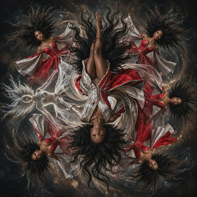 Image of a pop-dance African-American diva. The woman hangs completely inverted in mid-air, head pointing toward the floor and legs toward the ceiling. Her huge hair falls and spreads dramatically in the opposite direction, while her expression remains cool and composed. Her red gown is turned inside out, exposing its sparkling lining, seams, and construction. To push the surrealism further, a second, reversed version of her silhouette appears to peel outward from her original form, like a three-dimensional reflection escaping its owner. Multiple copies of the woman circle around a central point, each rotated to a different angle. Their flowing hair and red gowns form a pinwheel or circular vortex, creating the impression that one woman is spinning endlessly around herself. — Muse Image 1.0