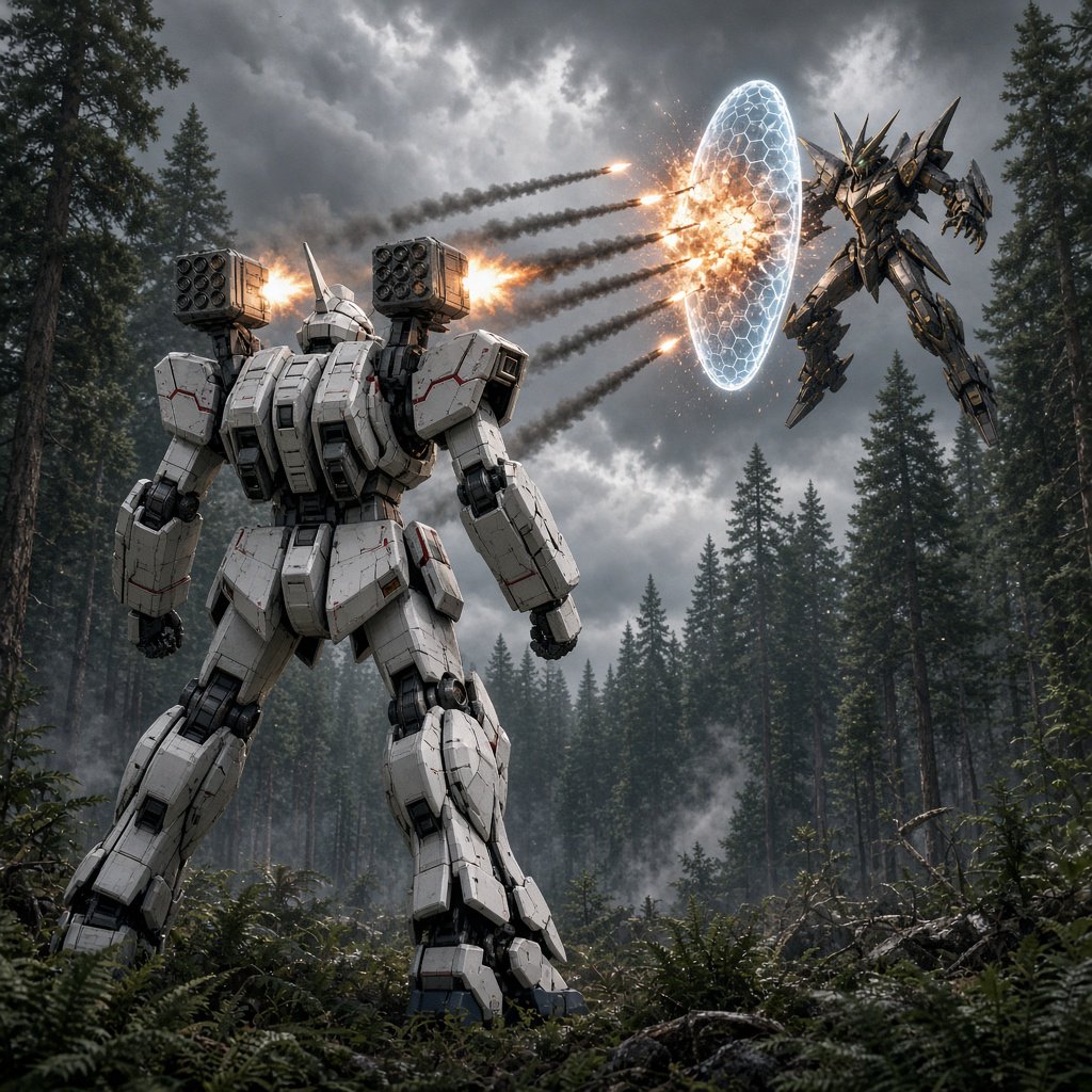 A dramatic cinematic scene of a towering 20-meter futuristic mecha standing in a dense forest, viewed from behind as the main focus. Its design is sleek, angular, and elegant, with a classic retro-futurist Japanese mecha aesthetic. Shoulder missile pods fire a volley of missiles toward an enemy mecha of a different but similarly styled design. The enemy mecha hovers in the air ahead, blocking the incoming missiles with a large arm-mounted energy shield. Dynamic action, smoke trails, forest scale, and intense battle atmosphere. — Grok Imagine Image 2