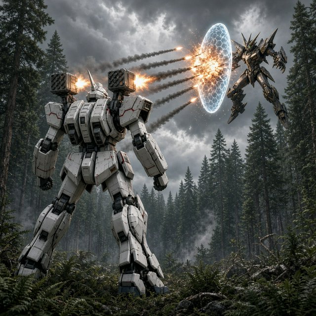 A dramatic cinematic scene of a towering 20-meter futuristic mecha standing in a dense forest, viewed from behind as the main focus. Its design is sleek, angular, and elegant, with a classic retro-futurist Japanese mecha aesthetic. Shoulder missile pods fire a volley of missiles toward an enemy mecha of a different but similarly styled design. The enemy mecha hovers in the air ahead, blocking the incoming missiles with a large arm-mounted energy shield. Dynamic action, smoke trails, forest scale, and intense battle atmosphere. — Grok Imagine Image 2