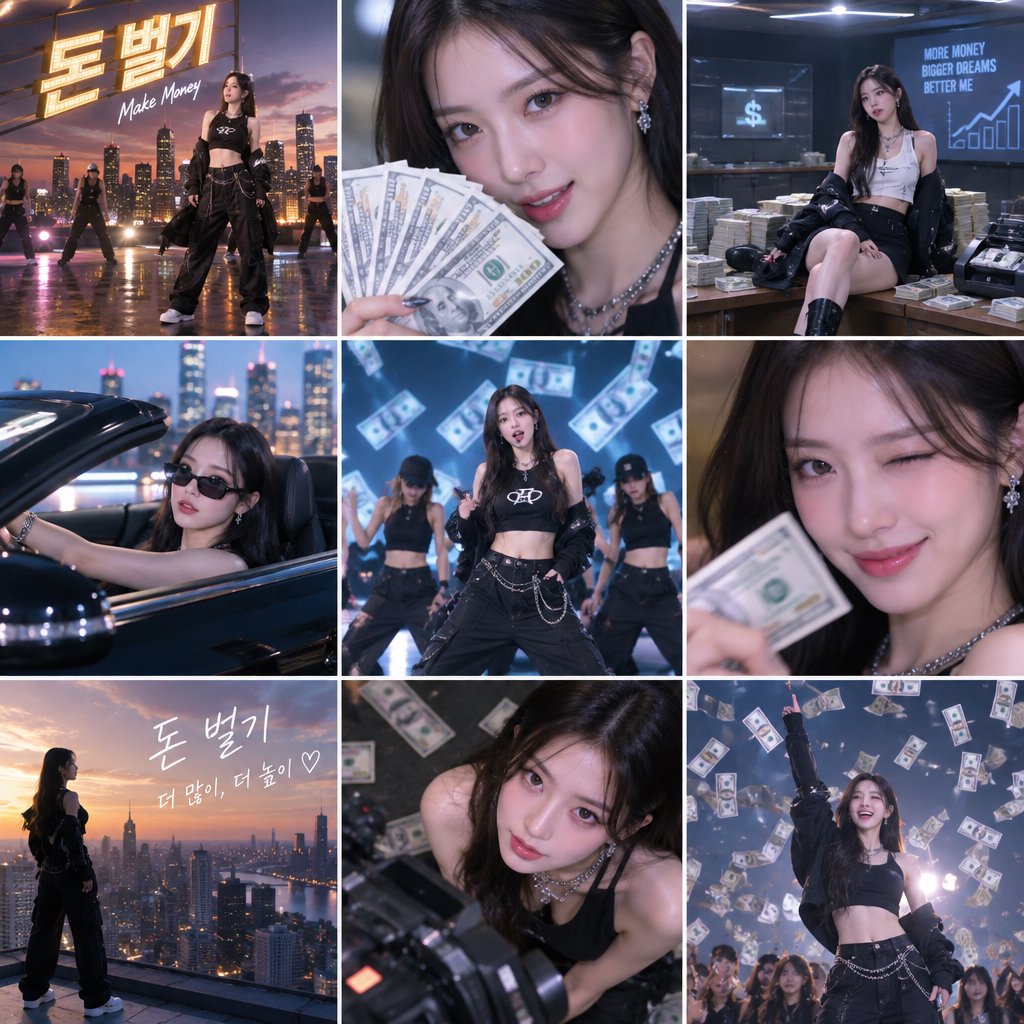 A pretty K-pop idol who is 19–21 years old at a music video shoot. The music video is for her hit song "돈 벌기" (Make Money). The setting of the music video relates to the song name. At least 4 scenes and many angles. — GPT Image 2.5 Flare