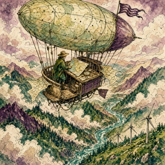 Ink-and-gouache illustration of an adult cartographer steering a small airship above a cloud-filled mountain valley, maps fluttering from the cabin and wind turbines turning below. Palette of emerald, ochre, plum, and cream, with lively linework and atmospheric washes. — Grok Imagine Image 2