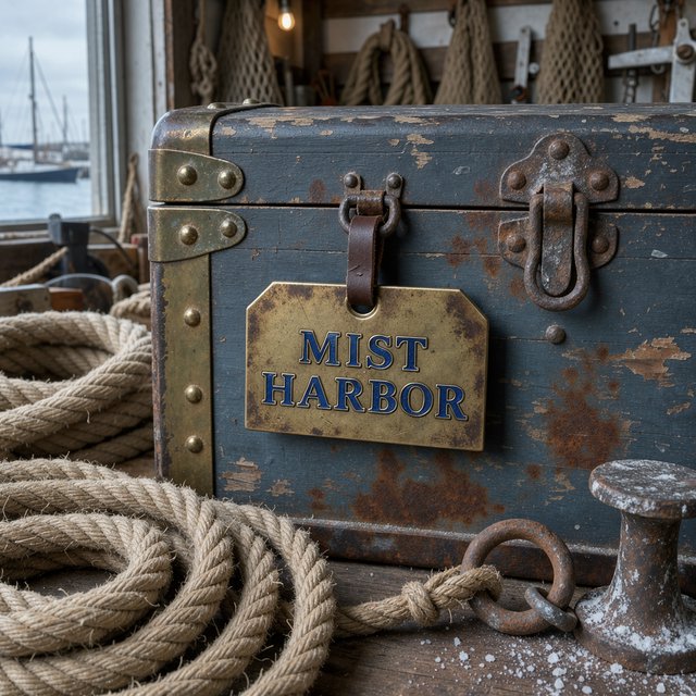 A brass luggage tag hangs from a weathered sea chest in a harbor loft, its face bearing “MIST HARBOR” in deeply stamped blue capitals; ropes and salt-crusted fittings surround it, with no other writing visible. — FLUX 3 Image
