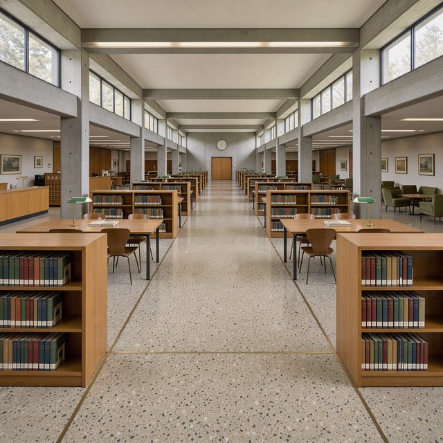 Interior of a mid-century modernist public library, with pale oak shelving, exposed concrete columns, terrazzo flooring, and a broad clerestory. Diffuse morning light crosses the reading hall, viewed from the entrance down its central aisle, with precise lines and plausible structure. — FLUX 3 Image