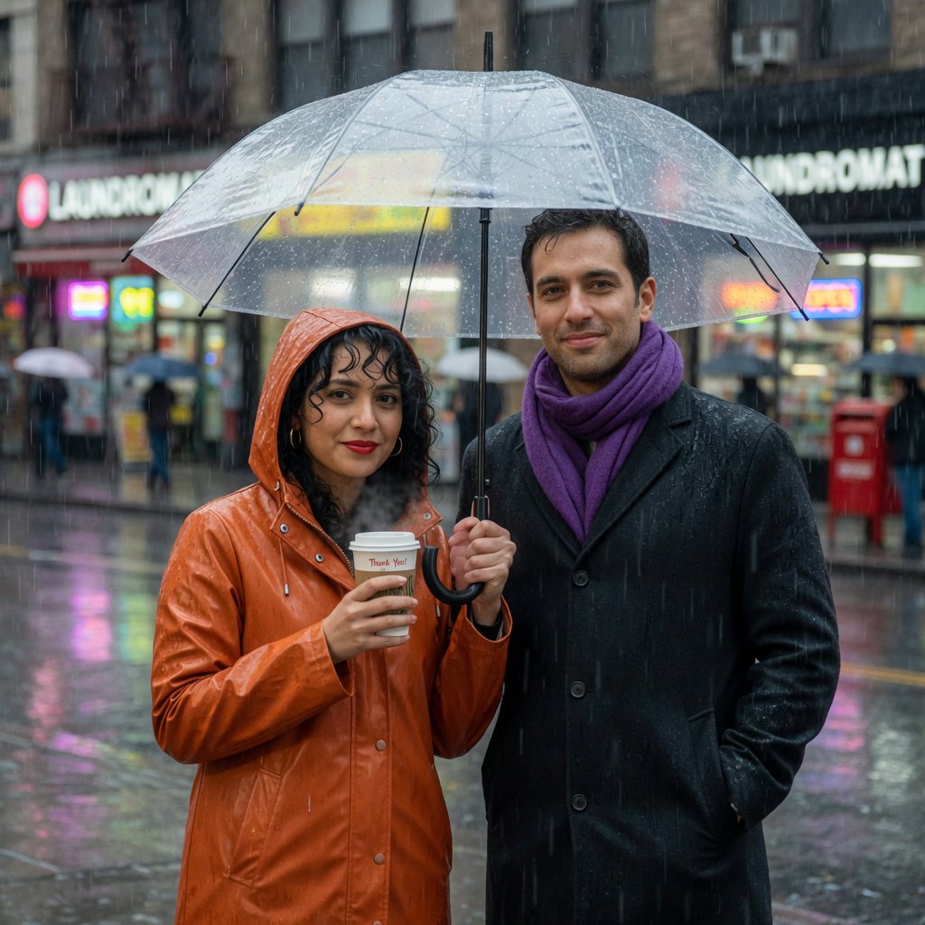 A man with a purple scarf holding a transparent umbrella, standing to the right of a woman in an orange raincoat who holds a paper cup, both facing the camera. — Grok Imagine Image Quality