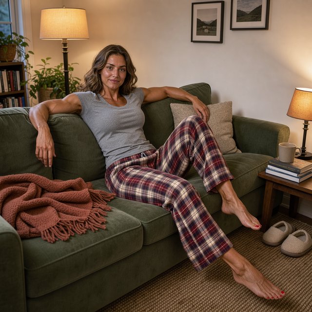 A 28-year-old, 6-foot-tall woman with wavy brunette hair falling just past her shoulders, olive skin, an oval face with soft angular cheekbones, and striking deep green eyes. She has a hyper-muscular, athletic physique built from intense heavy weightlifting and CrossFit — broad shoulders, defined arms, a strong back, and visible core and leg muscle definition — giving her a powerful, statuesque build. Her expression is relaxed and at ease. She lounges comfortably on a couch in her living room, wearing a soft fitted t-shirt and plaid pajama pants, barefoot with red-painted toenails. Warm evening lamp light, cozy lived-in living room background with a throw blanket and a few books on a side table, soft natural shadows, skin texture. — FLUX 3 Image