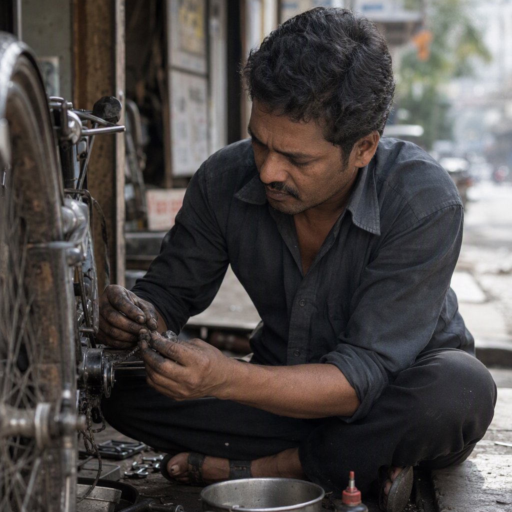 Candid documentary photograph of an adult repairing a bicycle at a quiet curbside workshop, cool morning window light, 50mm lens with shallow depth of field, grease smudges on their fingertips. — GPT Image 2