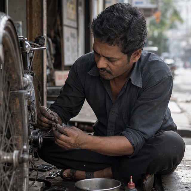 Candid documentary photograph of an adult repairing a bicycle at a quiet curbside workshop, cool morning window light, 50mm lens with shallow depth of field, grease smudges on their fingertips. — GPT Image 2
