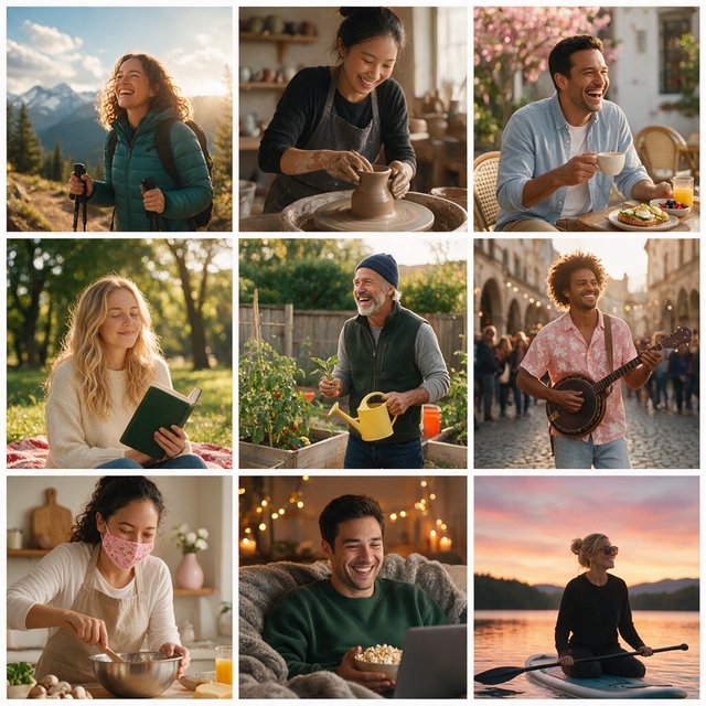 A realistic multi-panel composition with 4–7 panels, each depicting an adult enjoying a wonderful day in a distinct everyday setting. — Seedream 5.0 Pro