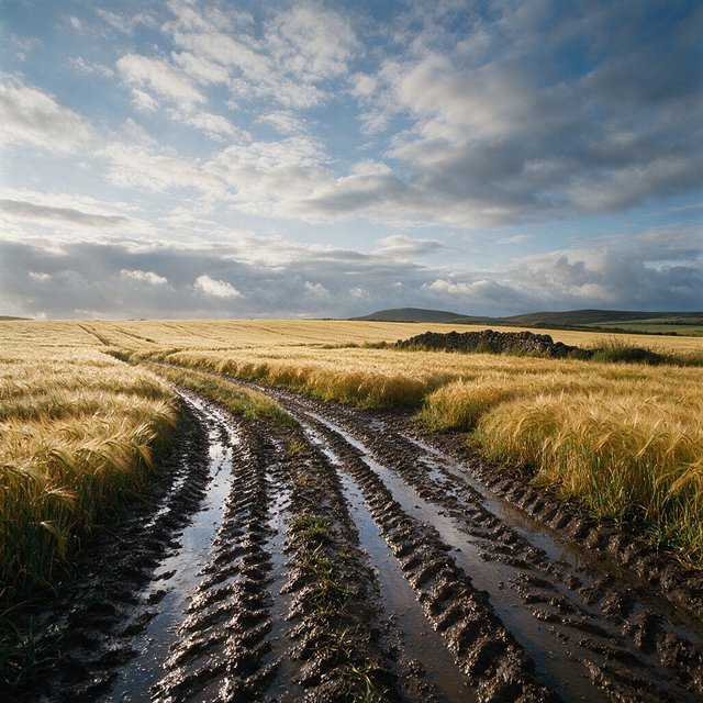 Golden barley fields ripple beneath a vast sky as a cool morning breeze follows overnight showers; muddy tractor furrows glisten in the foreground, guiding the eye past a weathered stone boundary toward low hills under broken clouds. — Model 20