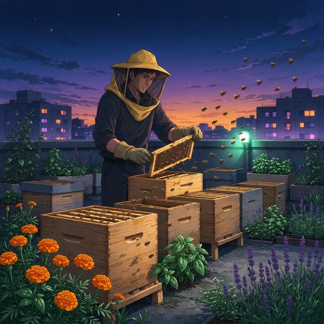 Cel-shaded anime illustration of an adult rooftop beekeeper tending lively hives among marigolds and herbs at dusk, with bees drifting past distant windows. Palette of saffron, violet, mint, and midnight blue, crisp contours and gentle gradients. — Seedream 5.0 Flash