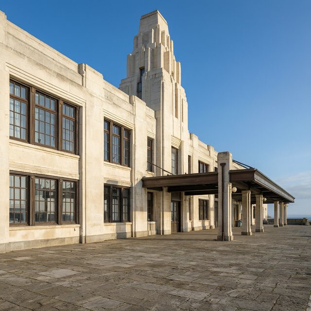 Exterior of a coastal Art Deco ferry terminal, cream limestone, dark bronze window frames, stepped geometric tower and sheltered arcade, late-morning sunlight casting sharp shadows, viewed from across a windswept stone forecourt, realistic architectural photography with precise lines and plausible structure. — Qwen Image 3.0 Pro