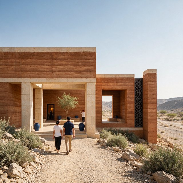 A contemporary desert visitor pavilion built from rust-colored rammed earth and pale limestone sits beside a dry wadi; deep shaded openings frame the courtyard. Hard midday sun, viewed from the gravel approach, crisp geometry and believable construction. — Seedream 5.0 Pro