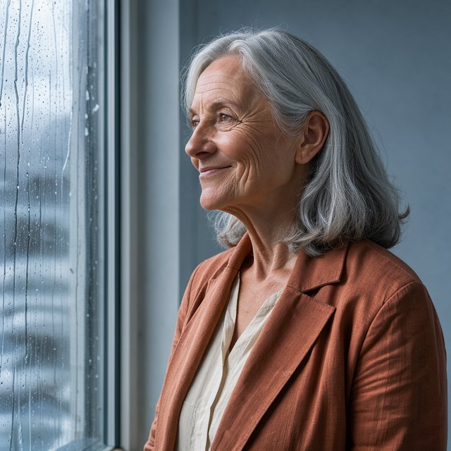 By a rain-streaked studio window, an adult woman in her early 60s turns in profile for a portrait photograph, wearing a copper-colored linen jacket over a cream cotton blouse. Her quietly amused expression rests against a muted blue-gray wall, shaped by cool, soft window light. — FLUX 3 Image Klein