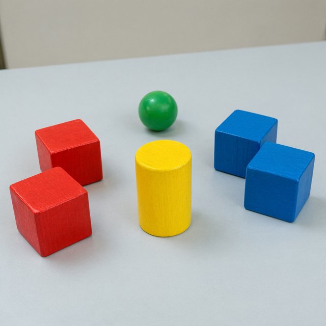 Exactly five wooden toy blocks sit on a pale gray table: two red cubes on the left, one yellow cylinder in the center, and two blue cubes on the right. A small green ball sits behind the cylinder, nothing else. — Qwen Image 3.0 Pro