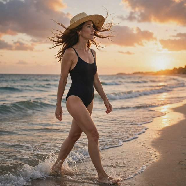 Editorial beach photo of an adult woman in a one-piece swimsuit and a wide straw hat walking along the waterline at sunset, wind in her hair. — Muse Image 1.0
