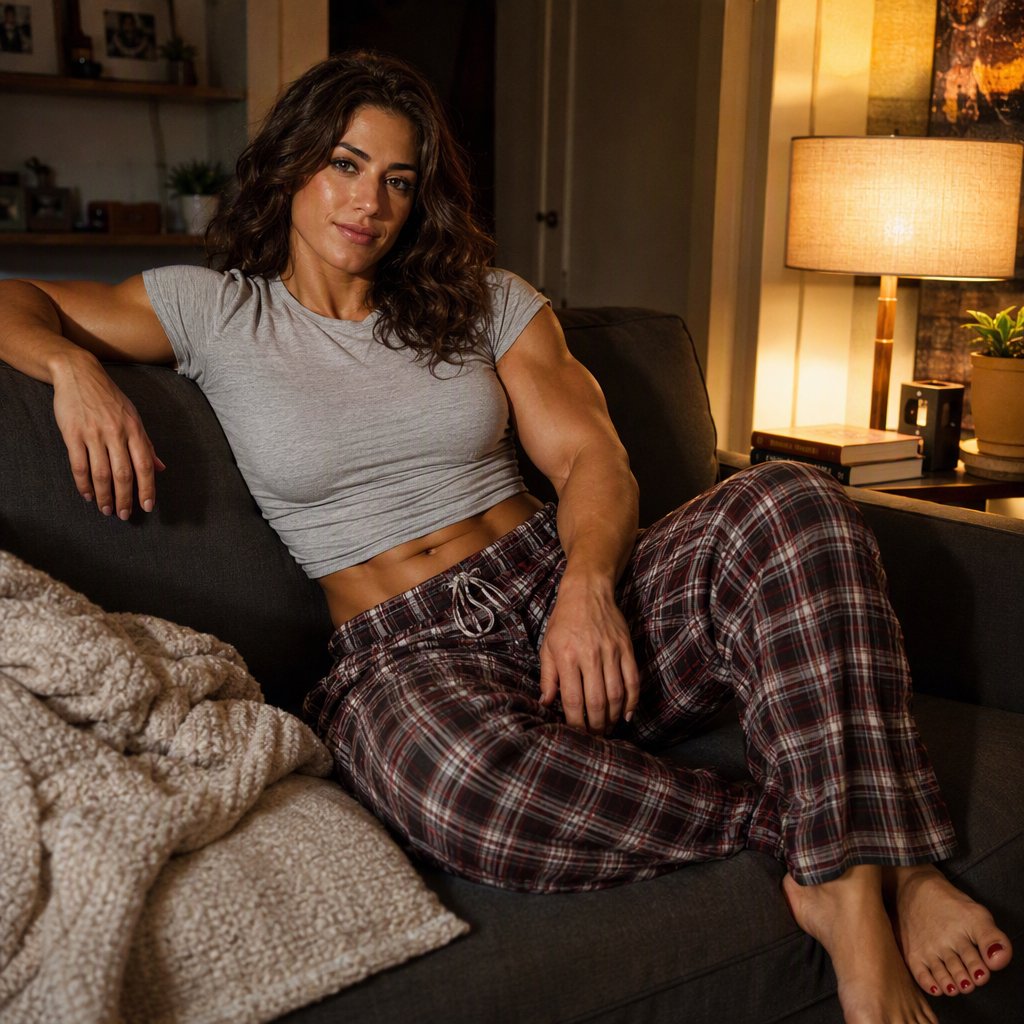 A 28-year-old, 6-foot-tall woman with wavy brunette hair falling just past her shoulders, olive skin, an oval face with soft angular cheekbones, and striking deep green eyes. She has a hyper-muscular, athletic physique built from intense heavy weightlifting and CrossFit — broad shoulders, defined arms, a strong back, and visible core and leg muscle definition — giving her a powerful, statuesque build. Her expression is relaxed and at ease. She lounges comfortably on a couch in her living room, wearing a soft fitted t-shirt and plaid pajama pants, barefoot with red-painted toenails. Warm evening lamp light, cozy lived-in living room background with a throw blanket and a few books on a side table, soft natural shadows, skin texture. — GPT Image 2