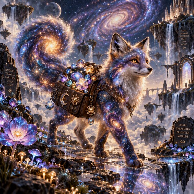 A celestial fox made of stardust and nebulae, carrying a satchel overflowing with glowing cosmic jewels, journeys through an ethereal dreamscape. Swirling galaxies and bioluminescent flora fill the background. The scene is rendered in a surreal, photorealistic style, emphasizing intricate details and a sense of infinite wonder. — GPT Image 2.5 Sunburst