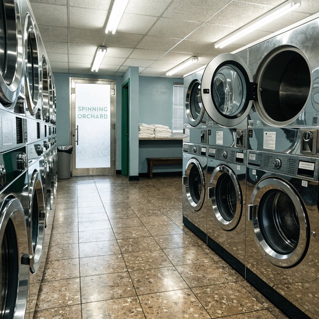 Inside a quiet neighborhood laundromat, chrome machines and folded linen glow beneath cool ceiling lights; "SPINNING ORCHARD" is printed in pale mint letters on the frosted glass entry door. — Recraft v4